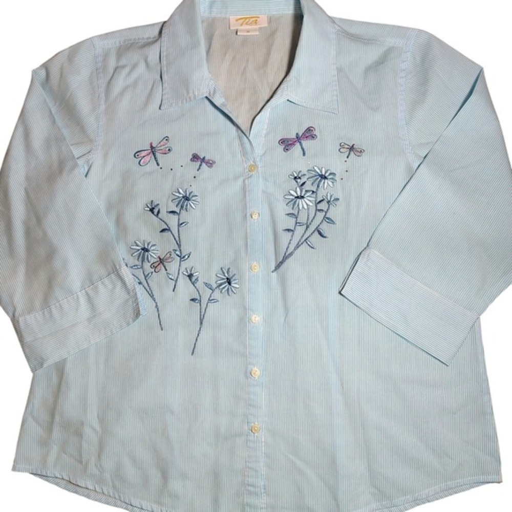 Tia Designs Womens‎ Blouse M Blue Striped Embroidered Dragonfly Floral whimsical